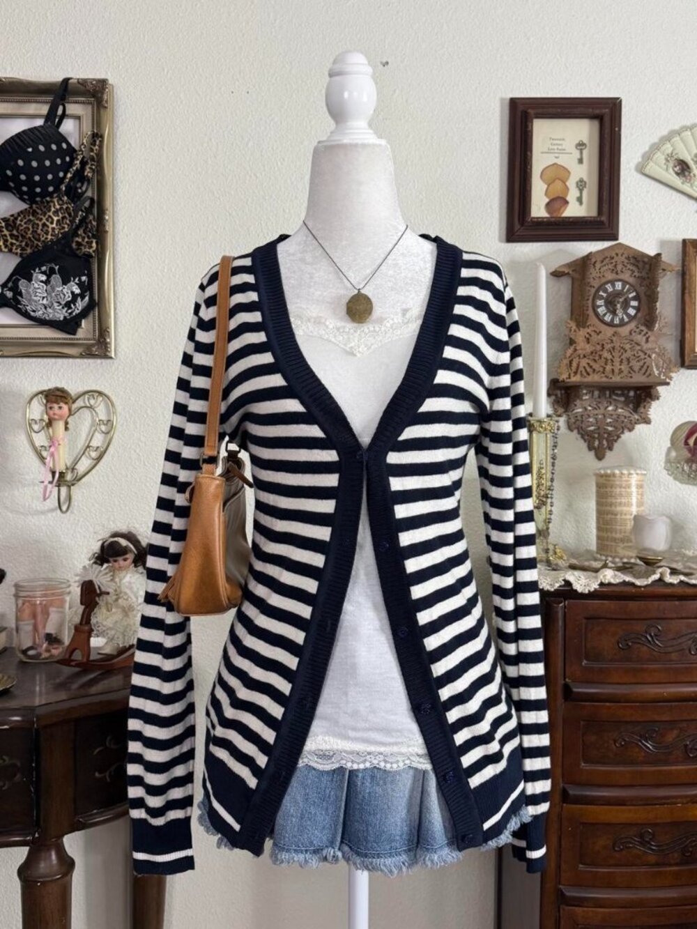 Preppy girly grunge white and navy blue striped cardigan